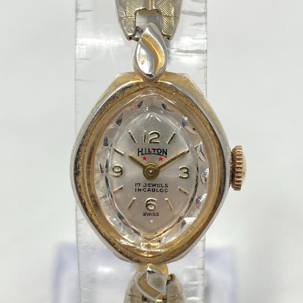 Vtg Hilton 2 Star Watch Women Gold Tone Swiss Made 17 Jewels Manual Wind 6.25"